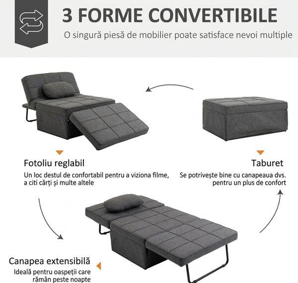 HOMCOM Canapea extensibilă cu Spătar Reglabil pe 5 Nivele și Pernă Suplimentară, 95x179x78 cm, Gri | Aosom Romania
