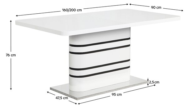 KONDELA Masă dining extensibilă, alb HG extra lucios/dungi negre, 160-200x90 cm, TUBAL