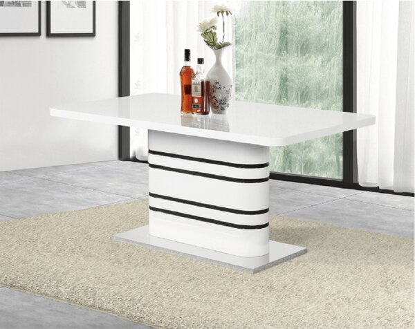 KONDELA Masă dining extensibilă, alb HG extra lucios/dungi negre, 160-200x90 cm, TUBAL