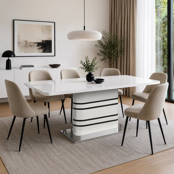 KONDELA Masă dining extensibilă, alb HG extra lucios/dungi negre, 160-200x90 cm, TUBAL