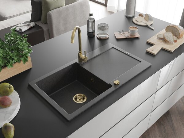 Mexen Leo, chiuveta granit 900x500x190 mm, 1 camera, pete negre cu sifon auriu, 6501901010-76-G