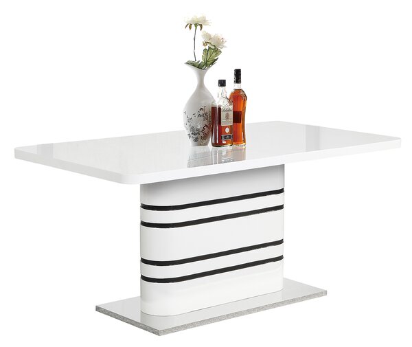 KONDELA Masă dining extensibilă, alb HG extra lucios/dungi negre, 160-200x90 cm, TUBAL