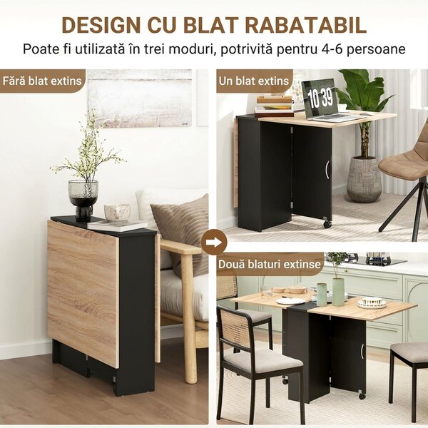 HOMCOM Masă Pliabilă pentru 4-6 Persoane, cu 2 Roți, Masă Rabatabilă cu 2 Rafturi pentru Depozitare, 140x75x74 cm, Negru | Aosom Romania