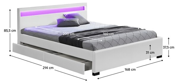 KONDELA Pat matrimonial, iluminare RGB LED, piele ecologică albă, 160x200, CLARETA
