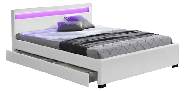 KONDELA Pat matrimonial, iluminare RGB LED, piele ecologică albă, 160x200, CLARETA