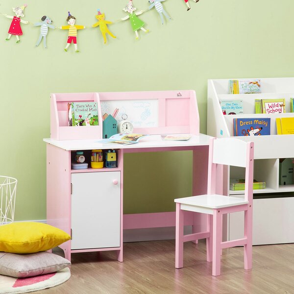 HOMCOM Set Masă și Scaune pentru Copii 5-8 Ani cu Spațiu de Depozitare, Tablă și Scaun, 90x45x85 cm, Roz | Aosom Romania