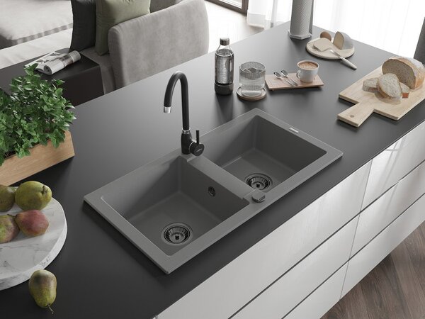Mexen Mario, chiuveta granit 820x436x161 mm, 2 camere, gri cu sifon negru, 6504822000-71-B