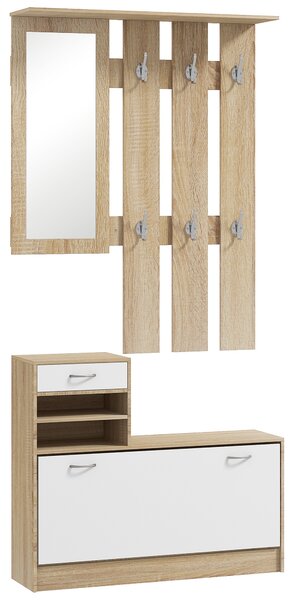 HOMCOM Set de Mobilier pentru Hol cu Raft pentru Pantofi, Oglindă și 2 rafturi Reglabile, 90x24x177 cm, Lemn Natural | Aosom Romania