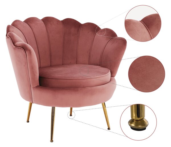 KONDELA Fotoliu în stil Art-deco, catifea Velvet roz/crom auriu, NOBLIN