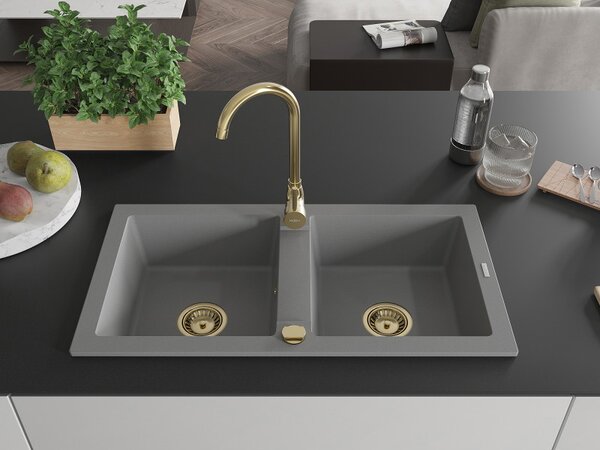 Mexen Mario, chiuveta granit 820x436x161 mm, 2 camere, gri cu sifon auriu, 6504822000-71-G