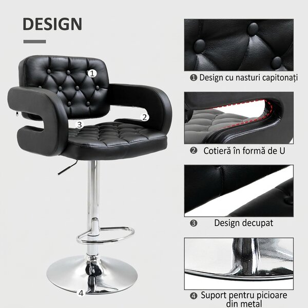 HOMCOM Scaun de Bar cu Spătar și Brațe, Scaun Modern de Bucătărie Rotativ cu Înălțime Reglabilă, 61x50x94-114 cm, Negru | Aosom Romania