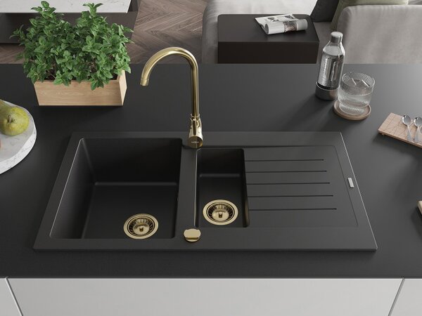 Mexen Matias - chiuveta granit 900x505x200 mm, 1,5 camere, negru cu sifon auriu, 6502901505-77-G