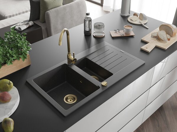 Mexen Matias - chiuveta granit 900x505x200 mm, 1,5 camere, pete negre cu sifon negru, 6502901505-76-G