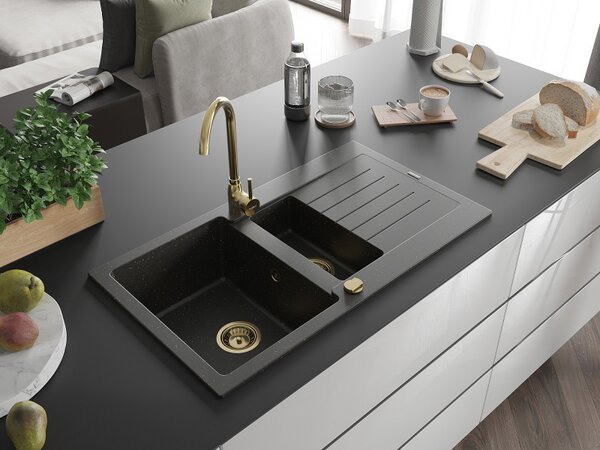 Mexen Matias - chiuveta granit 900x505x200 mm, 1,5 camere, negru-auriu metalic cu sifon auriu, 6502901505-75-G