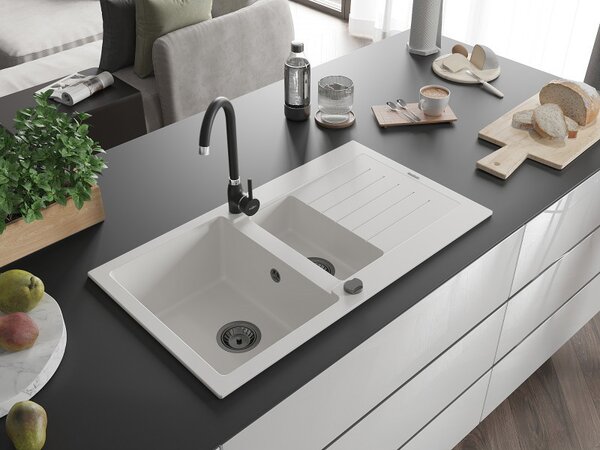 Mexen Matias - chiuveta granit 900x505x200 mm, 1,5 camere, alb cu sifon negru, 6502901505-20-B