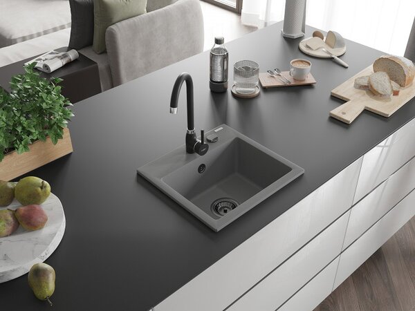 Mexen Milo, chiuveta granit 435x410x171 mm, 1 camera, gri cu sifon negru, 6505441000-71-B