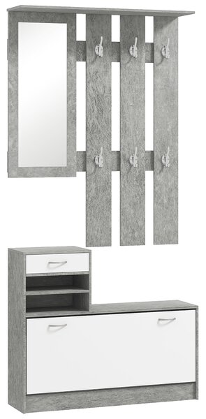 HOMCOM Mobilier Hol, 3 piese, cu Raft pentru Haine, Oglindă, 6 Cârlige, 2 Rafturi și Sertare, 90x24x177 cm, Gri | Aosom Romania