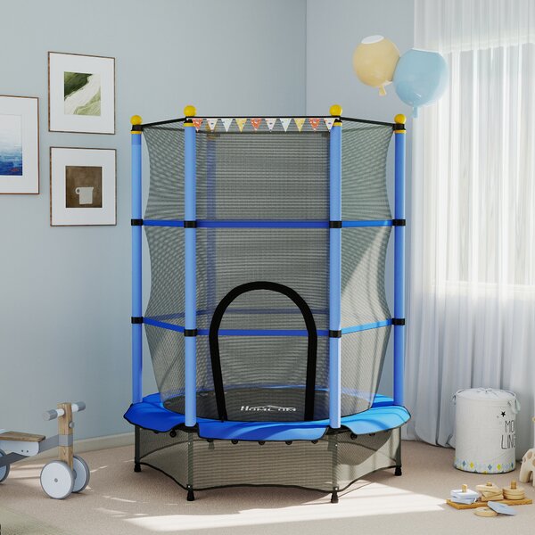 HOMCOM Trambolină Elastică pentru Copii cu Plasă de Siguranță și Țevi Căptușite, Vârstă 3-10 Ani, Ø140x190 cm, Albastru | Aosom Romania