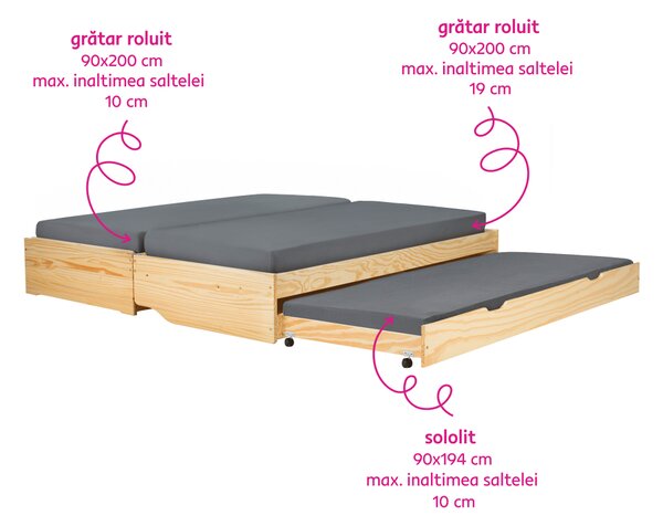 KONDELA Pat cu module suplimentare extensibile, culoare naturală, lemn masiv, 90x200, FLOPY