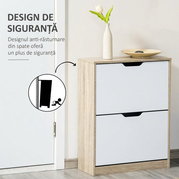 HOMCOM Dulap pantofi cu 2 Sertare Rabatabile, 8 Perechi, cu un Dispozitiv Anti-Răsturnare, Design Compact, 62,5x26x81 cm, Natural | Aosom Romania