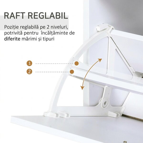 HOMCOM Dulap pentru Pantofi cu 2 Uși pe 2 Niveluri, Sertar și Raft din Sticlă, Dulap pentru Pantofi, 60x24x105,5 cm, Alb | Aosom Romania