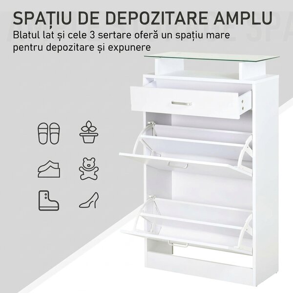 HOMCOM Dulap pentru Pantofi cu 2 Uși pe 2 Niveluri, Sertar și Raft din Sticlă, Dulap pentru Pantofi, 60x24x105,5 cm, Alb | Aosom Romania