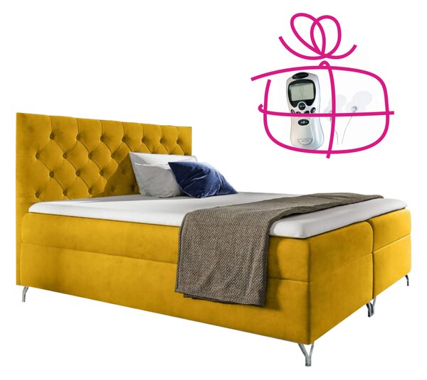 KONDELA Pat cu boxspring, 200x200, velur galben, GULIETTE + cadou