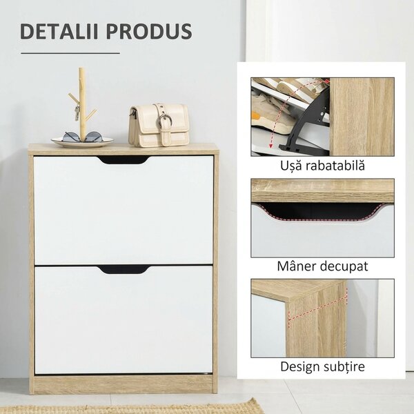 HOMCOM Dulap pantofi cu 2 Sertare Rabatabile, 8 Perechi, cu un Dispozitiv Anti-Răsturnare, Design Compact, 62,5x26x81 cm, Natural | Aosom Romania