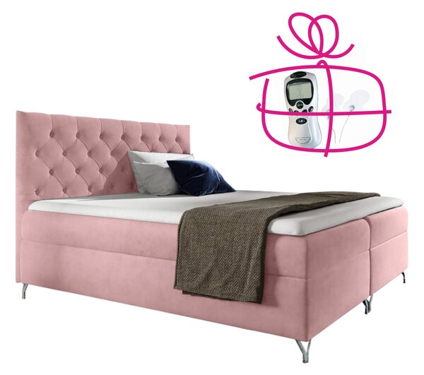 KONDELA Pat cu boxspring, 120x200, ţesătură roz Velvet, GULIETTE + cadou