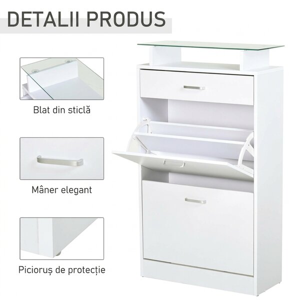HOMCOM Dulap pentru Pantofi cu 2 Uși pe 2 Niveluri, Sertar și Raft din Sticlă, Dulap pentru Pantofi, 60x24x105,5 cm, Alb | Aosom Romania