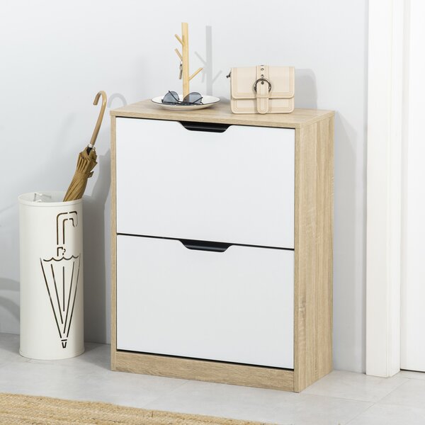 HOMCOM Dulap pantofi cu 2 Sertare Rabatabile, 8 Perechi, cu un Dispozitiv Anti-Răsturnare, Design Compact, 62,5x26x81 cm, Natural | Aosom Romania