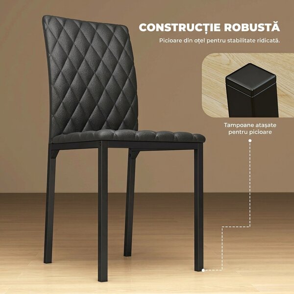 HOMCOM Set de 4 Scaune din Piele Ecologică cu Cusături Romboidale și Picioare din Oțel, 41x50x91 cm, Negru | Aosom Romania