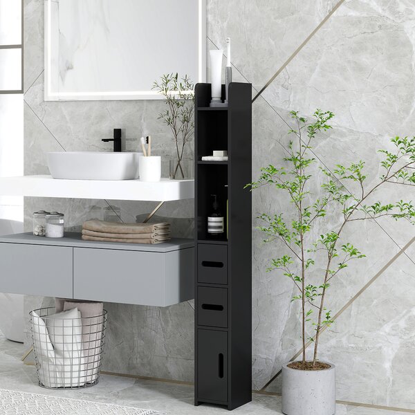 Kleankin Dulap Înalt de Baie cu Rafturi și Dulapuri, Mobilier Baie Înalt Spațiu de Depozitare, din Lemn, 15x17x120 cm, Negru | Aosom Romania