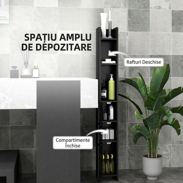 Kleankin Dulap Înalt de Baie cu Rafturi și Dulapuri, Mobilier Baie Înalt Spațiu de Depozitare, din Lemn, 15x17x120 cm, Negru | Aosom Romania