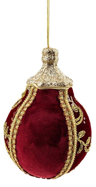 Decoratiune Craciun, Glob cu broderie si catifea, visiniu si auriu, 15cm