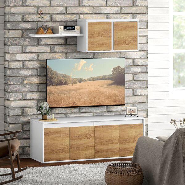 HOMCOM Set Mobilier TV și Dulap Suspendat cu 7 Rafturi și Raft Deschis, Mobilier pentru TV din PAL, 120x41x43,3 cm, Alb | Aosom Romania