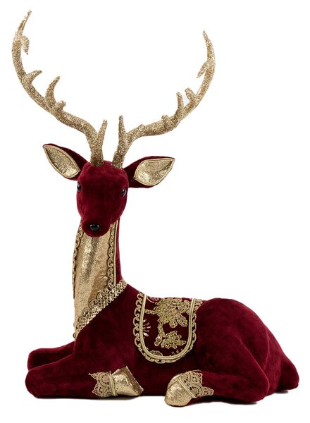 Decoratiune Craciun, Ren stand in sezut cu broderie si catifea, visiniu cu auriu, 54cm