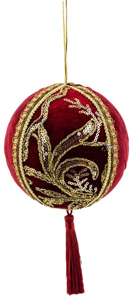 Decoratiune Craciun, Glob cu ciucure, cu broderie si catifea, visiniu si auriu, 11cm