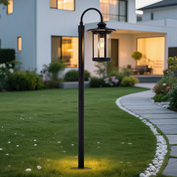 Lindby Bornă luminoasă Zayn, negru, sticlă, înălțime 109 cm, IP65, reglabil, Negru, Aluminiu, Antichitate, Felinar