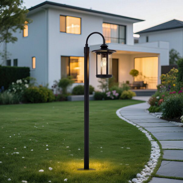 Lindby Bornă luminoasă Zayn, negru, sticlă, înălțime 109 cm, IP65, reglabil, Negru, Aluminiu, Antichitate, Felinar