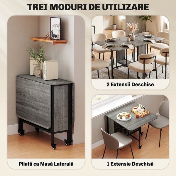 HOMCOM Masă Pliabilă, Rabatabilă pentru 4-6 Persoane cu Raft și 6 Roți, din Lemn și Metal, 130x80x74 cm, Gri | Aosom Romania