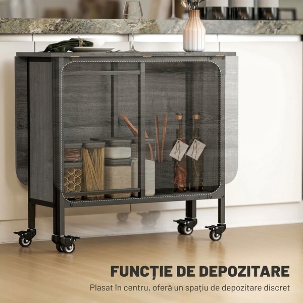 HOMCOM Masă Pliabilă, Rabatabilă pentru 4-6 Persoane cu Raft și 6 Roți, din Lemn și Metal, 130x80x74 cm, Gri | Aosom Romania