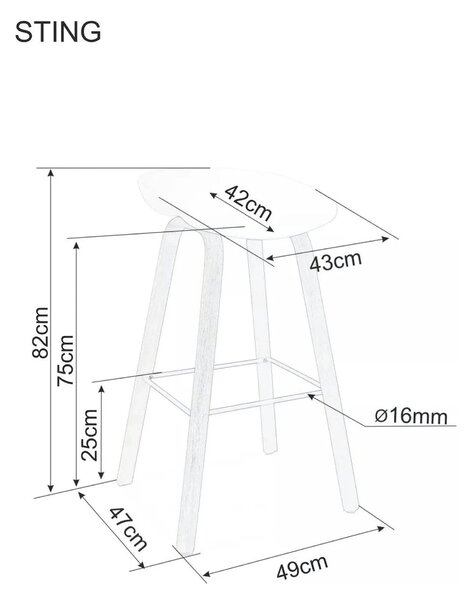 Scaun bar STING, alb/stejar, metal/plastic, 49x47x82 cm