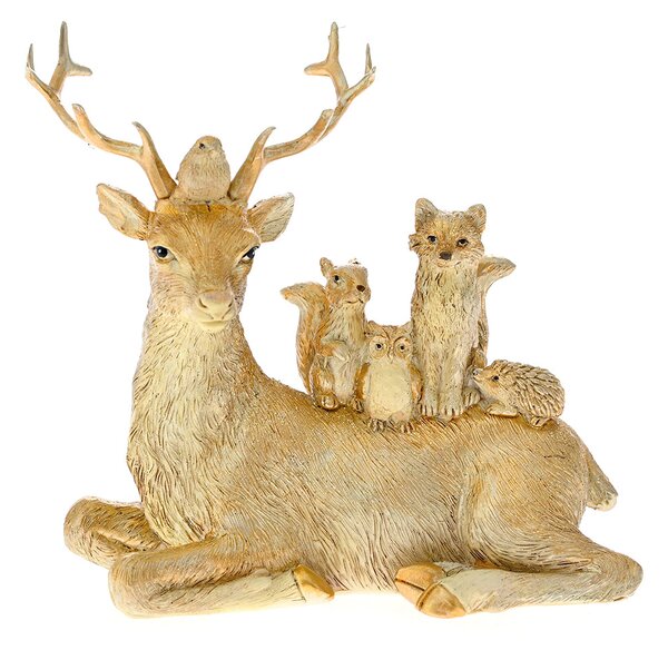 Decoratiune Craciun Din Polirasina, Cerb cu animalele padurii, Auriu, 14cm