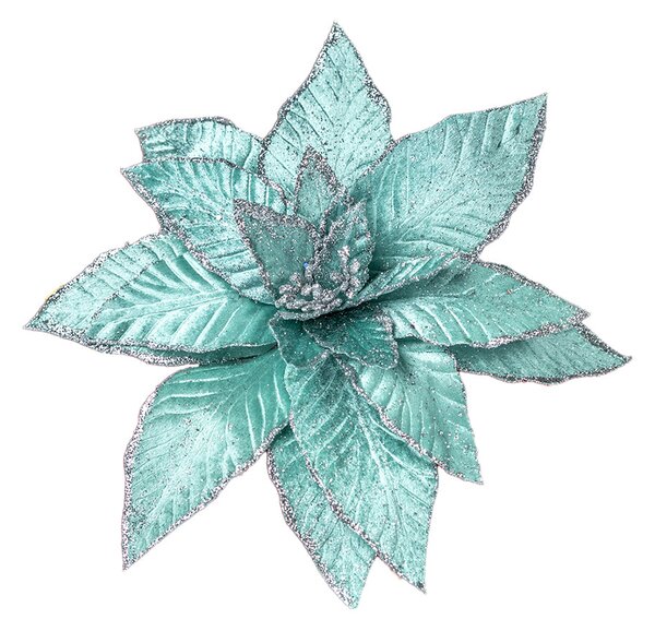 Decoratiune brad, floare Craciunita artificiala catifea cu glitter Ø33 cm, verde