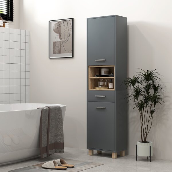 HOMCOM Coloană de Baie cu Sertar, Dulapuri și 2 Rafturi Deschise, Mobilier cu Spațiu de Depozitare, 40x24x160 cm, Gri | Aosom Romania