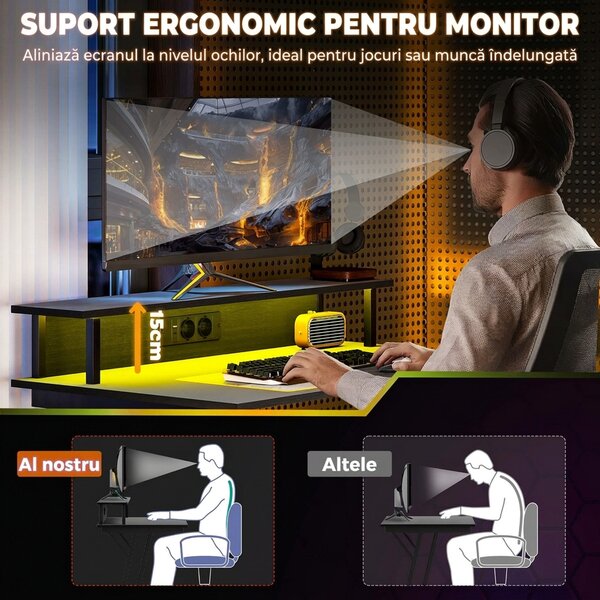 HOMCOM Birou de Gaming cu Lumini LED și Suport pentru Monitor, Masă Gaming cu Port USB și TYPE C, 100x60x88,5 cm, Negru | Aosom Romania