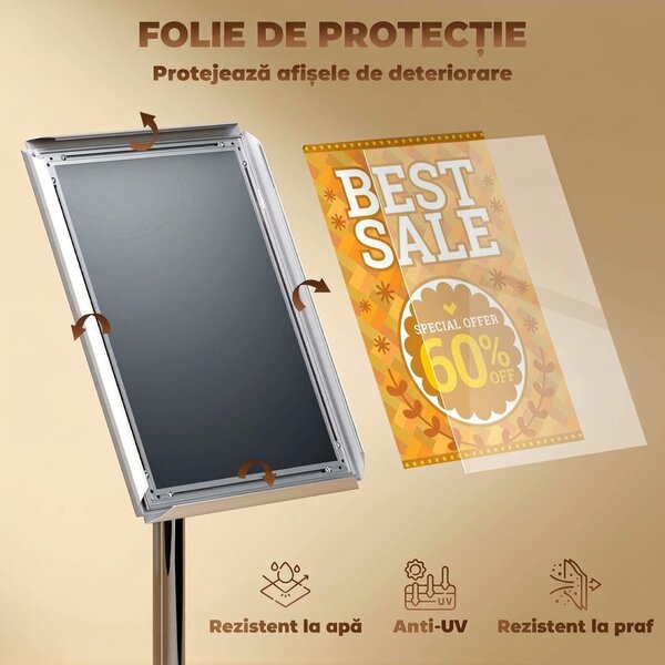 HOMCOM Suport Poster A3, Expozitor Publicitar de Podea cu Înălțime și Înclinare Reglabile, 40x30x129-135 cm, Argintiu | Aosom Romania