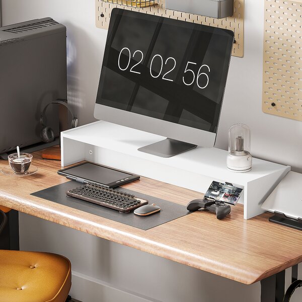 HOMCOM Suport monitor până la 16kg, cu 2 Compartimente de Depozitare, 100x27x15 cm, Alb | Aosom Romania