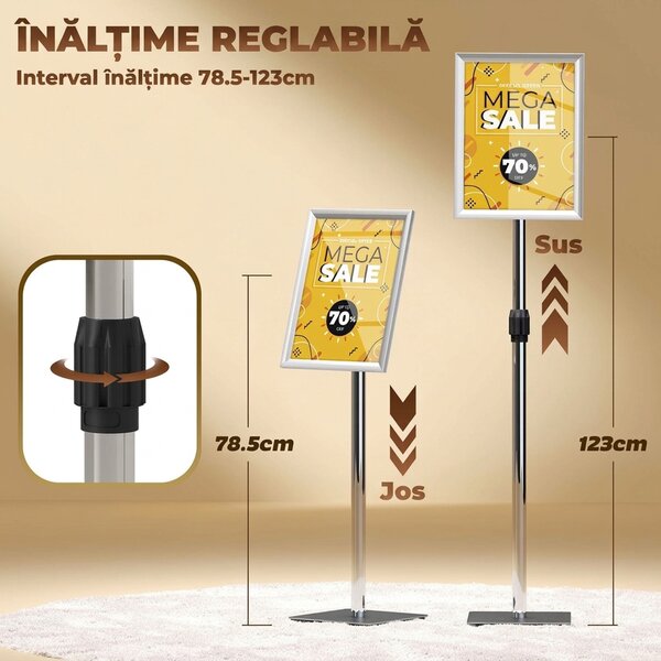 HOMCOM Suport Poster A3, Expozitor Publicitar de Podea cu Înălțime și Înclinare Reglabile, 40x30x129-135 cm, Argintiu | Aosom Romania